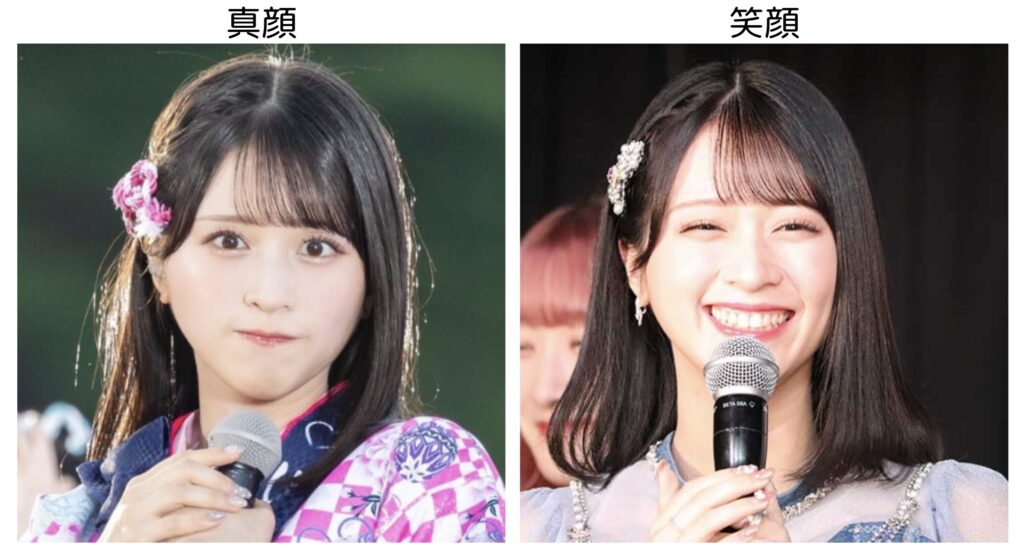佐々木舞香の真顔と笑顔の比較写真