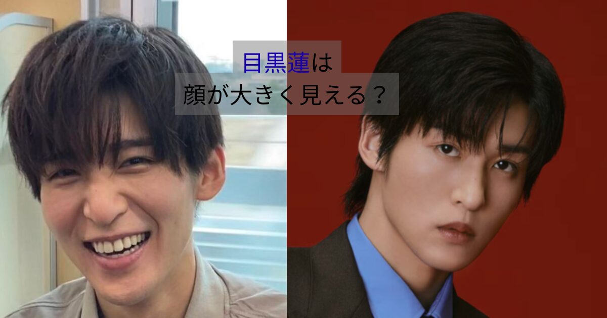 目黒蓮の写真を左右で比較し、顔の印象や輪郭の見え方の違いを示した画像