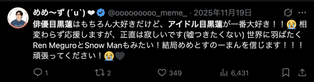 目黒蓮の俳優としての活躍よりアイドルとしての活躍を期待する声