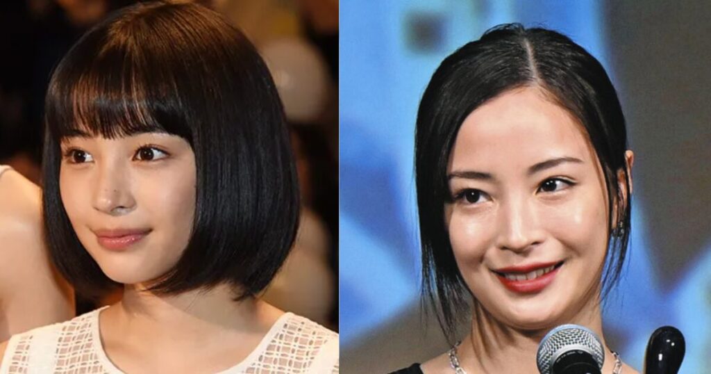 広瀬すずの過去と最近の写真を並べ、髪型や雰囲気の違いで顔の印象がどう変わって見えるかを比較した画像