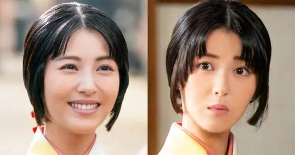 大河ドラマで姫役を演じる浜辺美波の表情比較。穏やかな笑顔と真剣なまなざしの違いが分かる場面