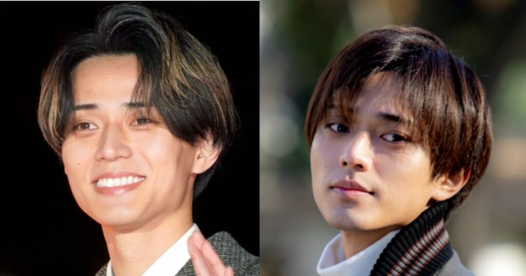 永瀬廉の昔と現在の比較画像。左は明るい髪色で笑顔の姿、右は落ち着いた髪色でクールな表情を見せる様子。