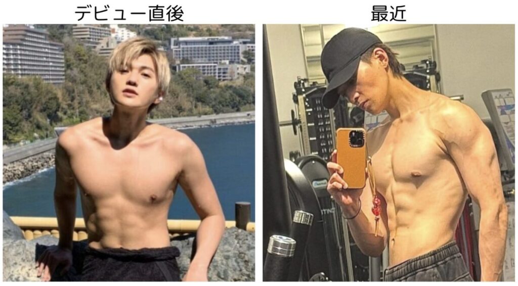 八木勇征のデビュー直後と最近の体型の違いを比較した画像