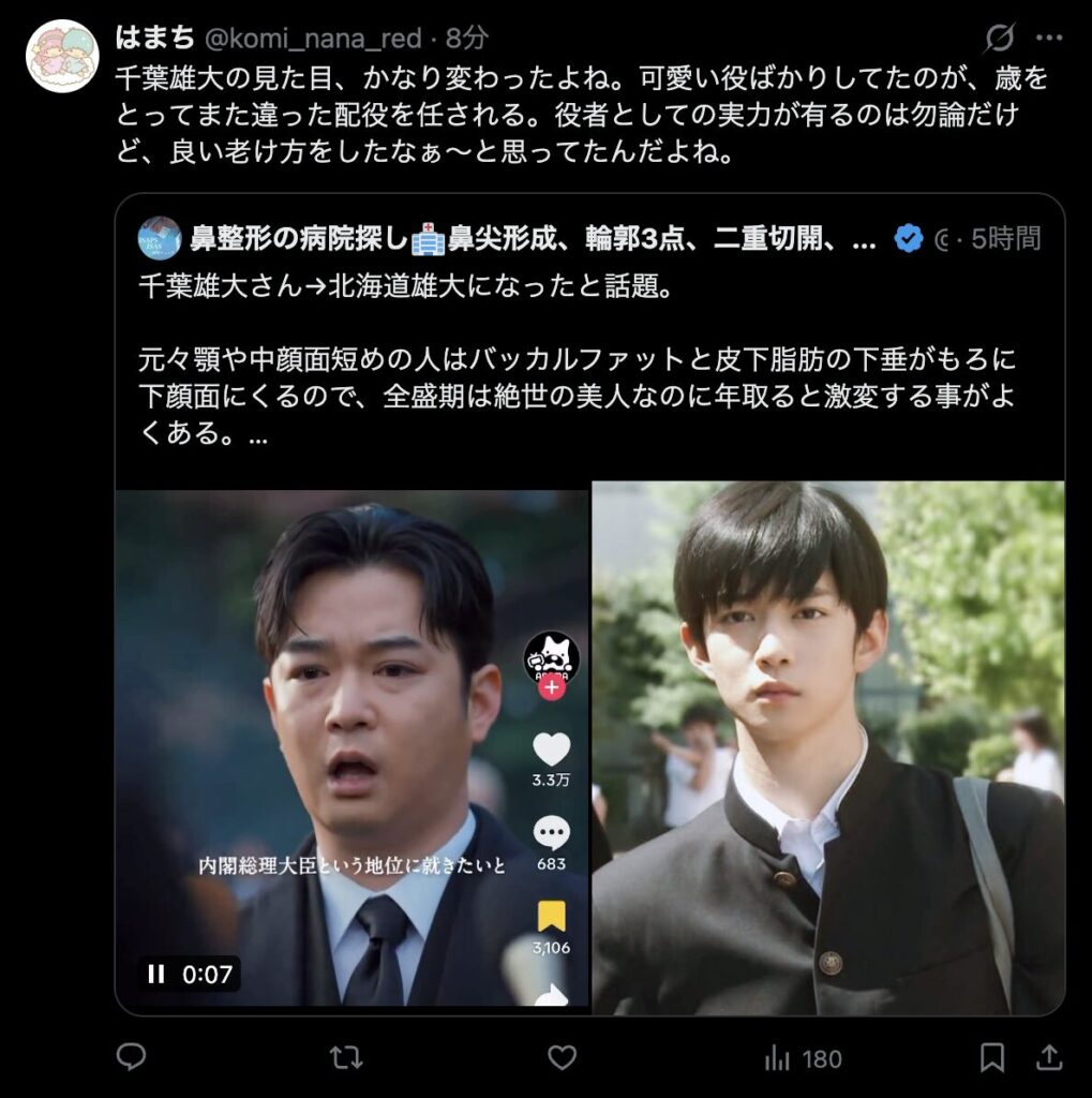 千葉雄大の変化に対するXのコメント